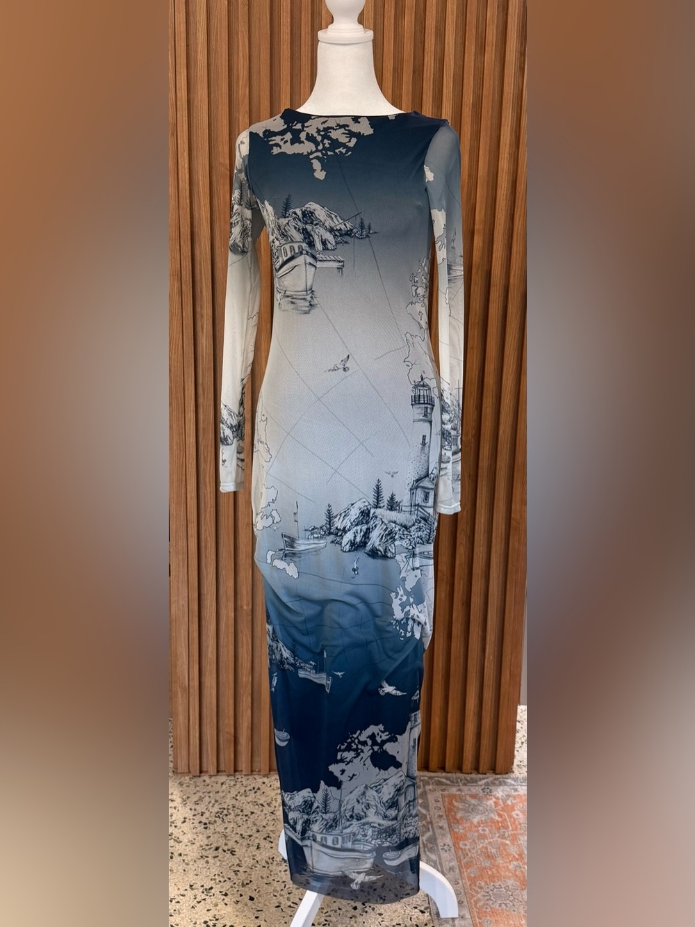 Agua Bendita Navy and White Long Sleeve Scenic Print Maxi Dress